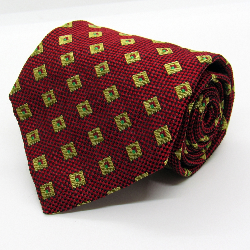 Ermenegildo Zegna Men's Neck Tie - Red w/ Gold & Green Diamond Pattern